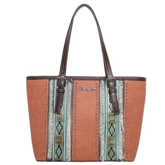 Wrangler Handbags - WRANGLER AZTEC EMBOSSED FRAY DENIM CONCEALED CARRY TOTE BAG